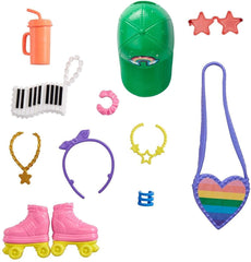 Barbie by Mattel: roller-skating fashion storytelling pack features cap, rainbow purse, and roller skates for imaginative play