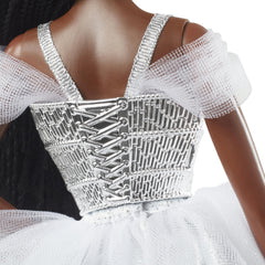 Barbie Signature 2021 Holiday doll metallic bodice, sculpted gemstones catch light beautifully.