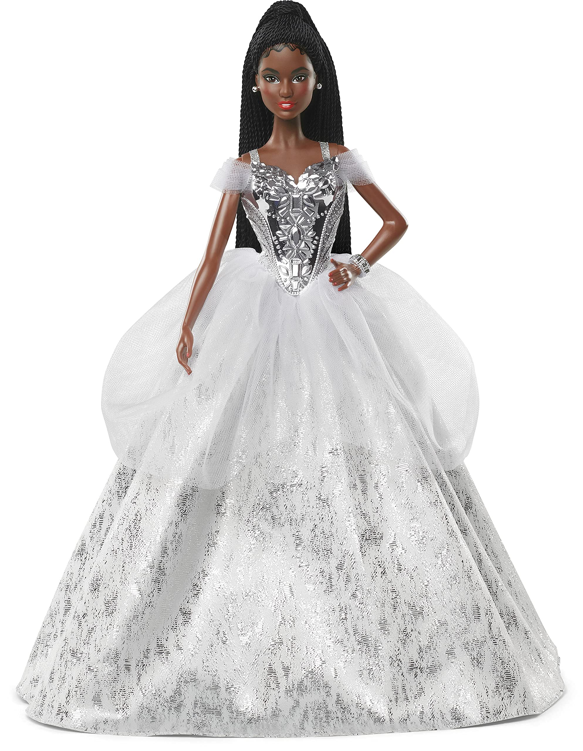 Barbie Signature 2021 Holiday doll in silver gown, ready for elegant display and gifting.