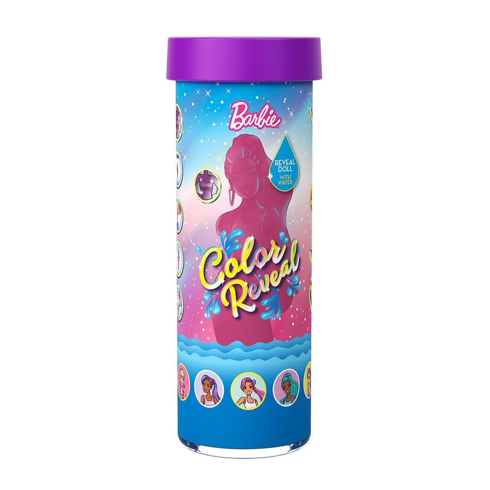 Mattel Barbieland Color Reveal minis unboxing shows vivid outfits revealed in water for imaginative play.