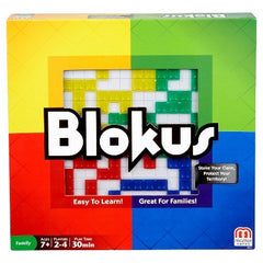 Mattel Blokus game board and colorful 21-piece set for family strategy and fun.