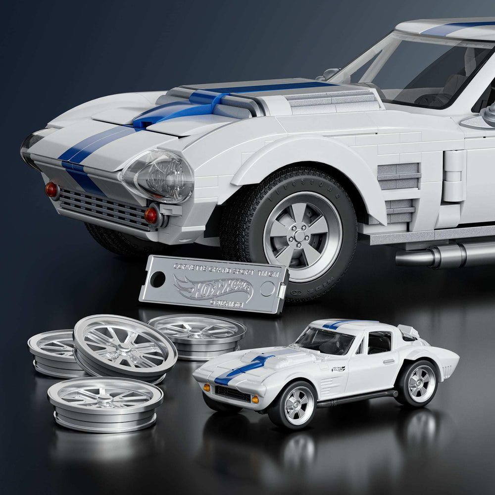 Mattel Brick Shop Corvette Grand Sport hood opens for interactive viewing.