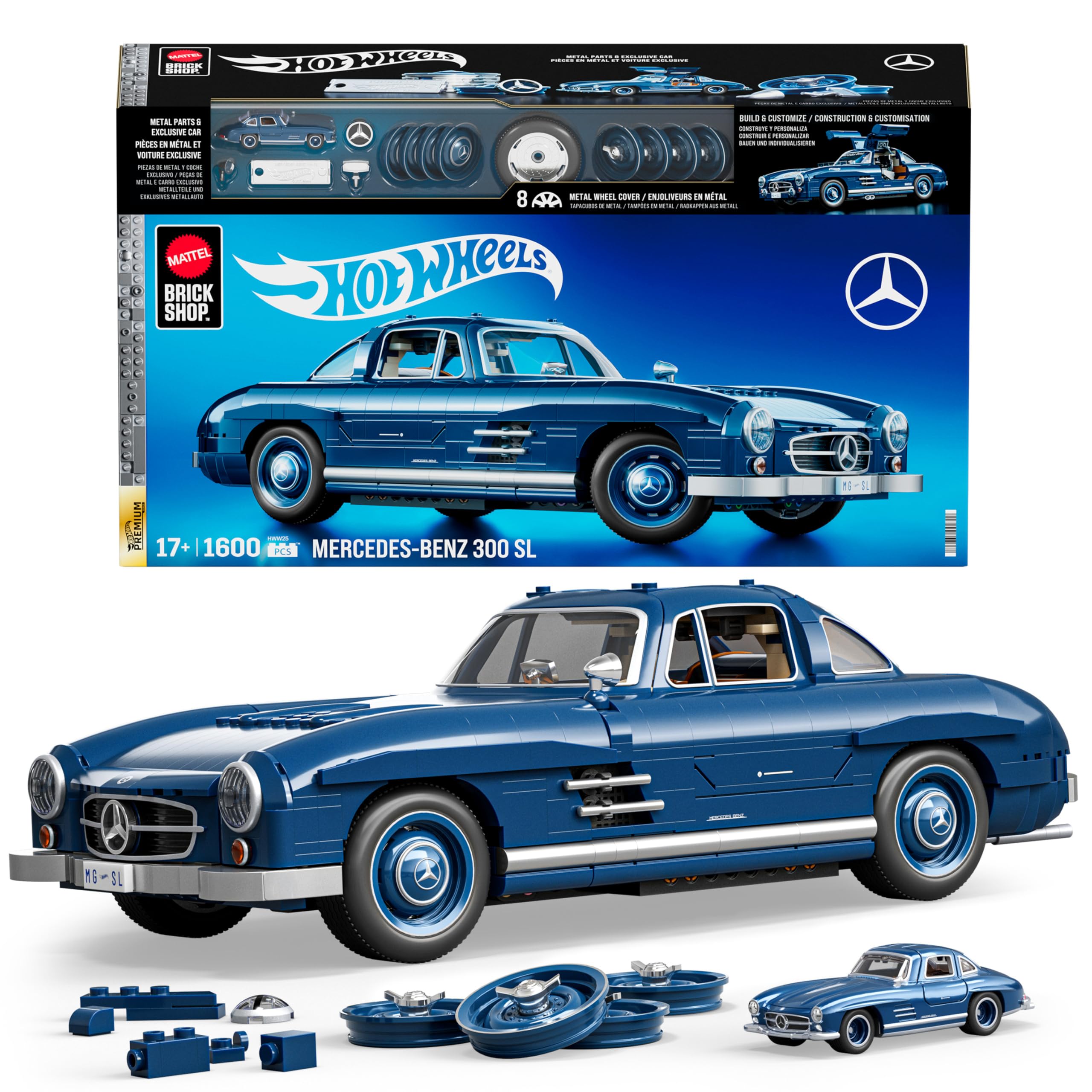 Mattel Brick Shop Mercedes-Benz 300 SL gullwing doors open for dramatic display.