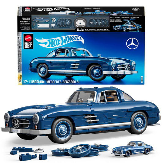 Mattel Brick Shop Mercedes-Benz 300 SL gullwing doors open for dramatic display.