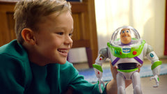 Mattel Buzz Lightyear chest-button phrases deliver iconic lines from Toy Story.