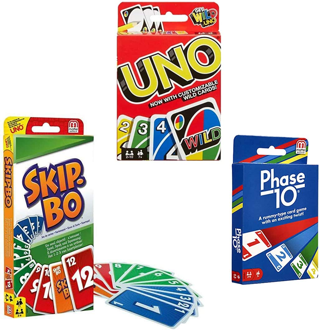 Mattel Card Game Set box with Skip-Bo, UNO, Phase 10 for family game night
