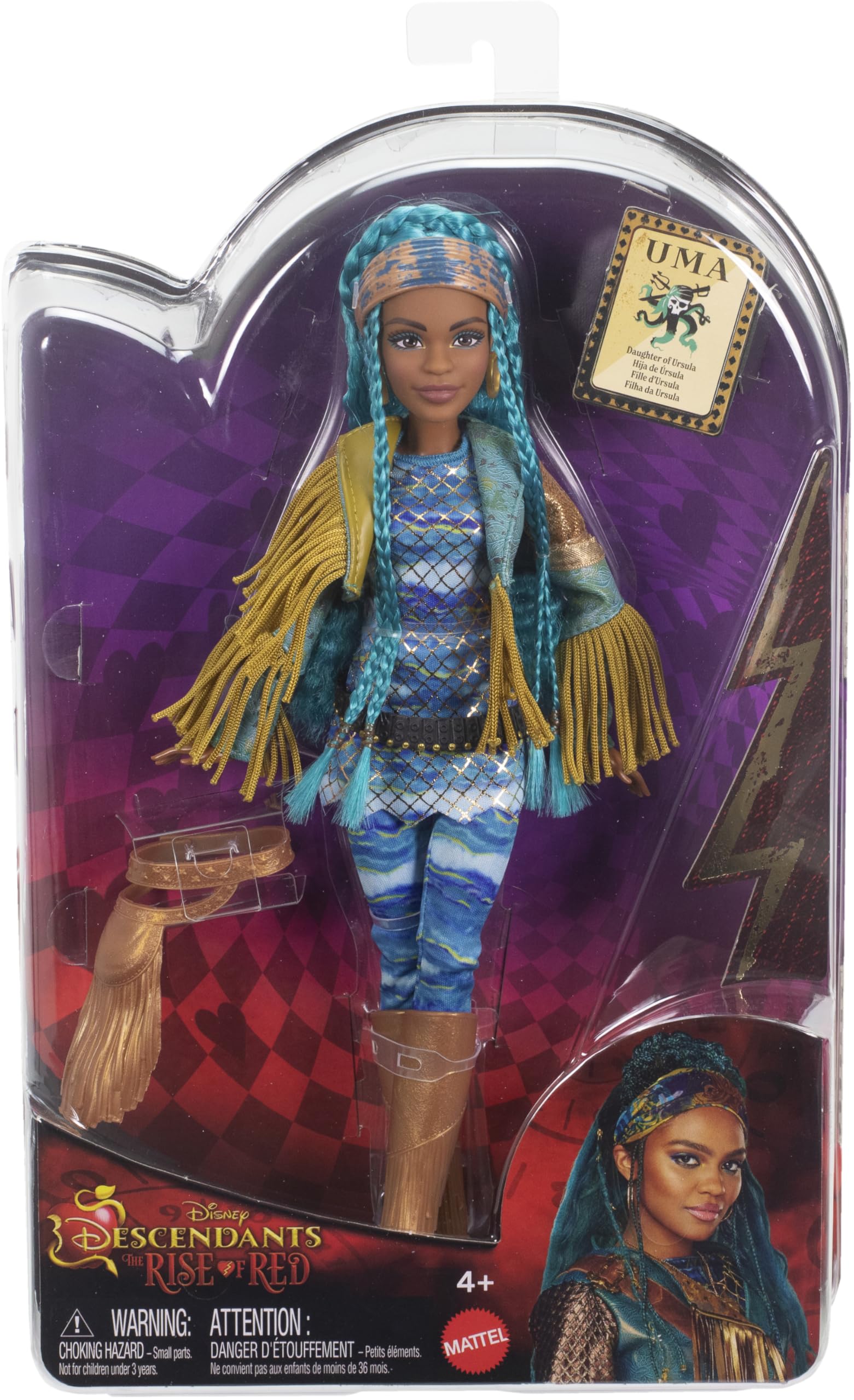 Mattel Uma doll features 11 joints for versatile posing and display.