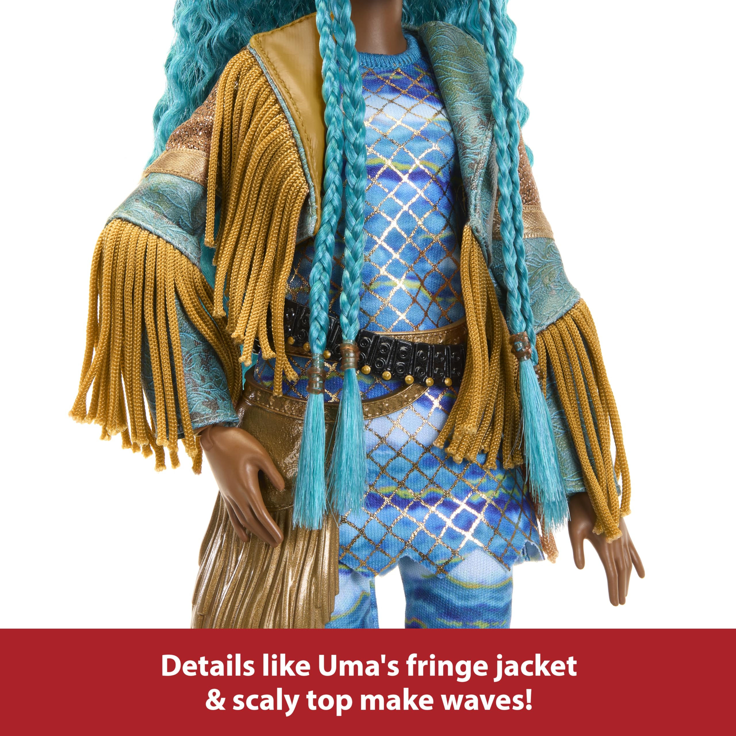 Mattel Uma doll with long braids, perfect for storytelling and character recreations.