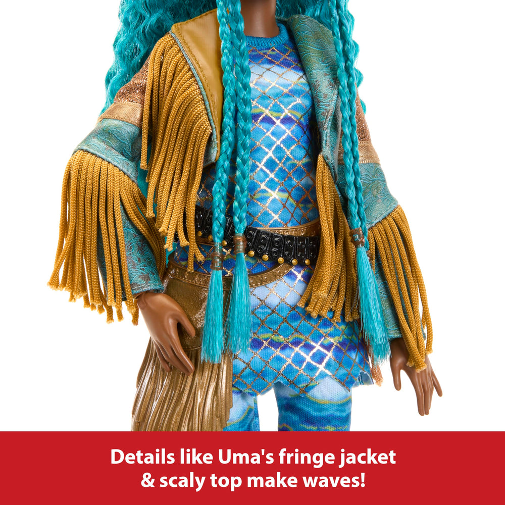 Mattel Uma doll with long braids, perfect for storytelling and character recreations.