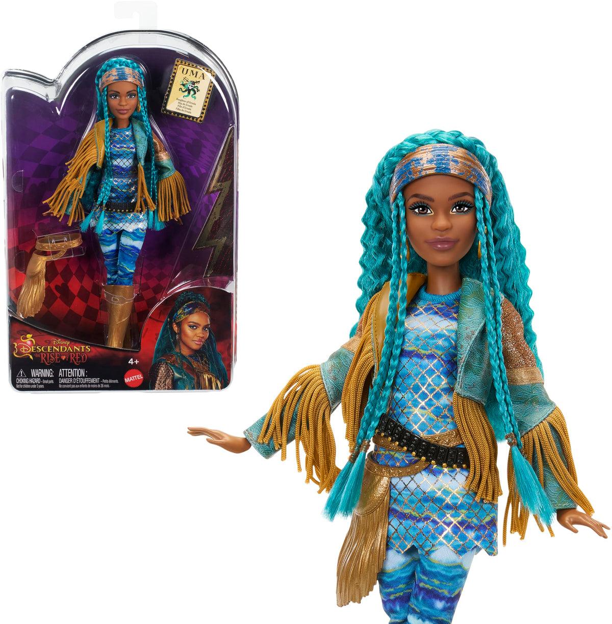 Mattel Uma doll with teal waves hair, ideal for imaginative play and display.