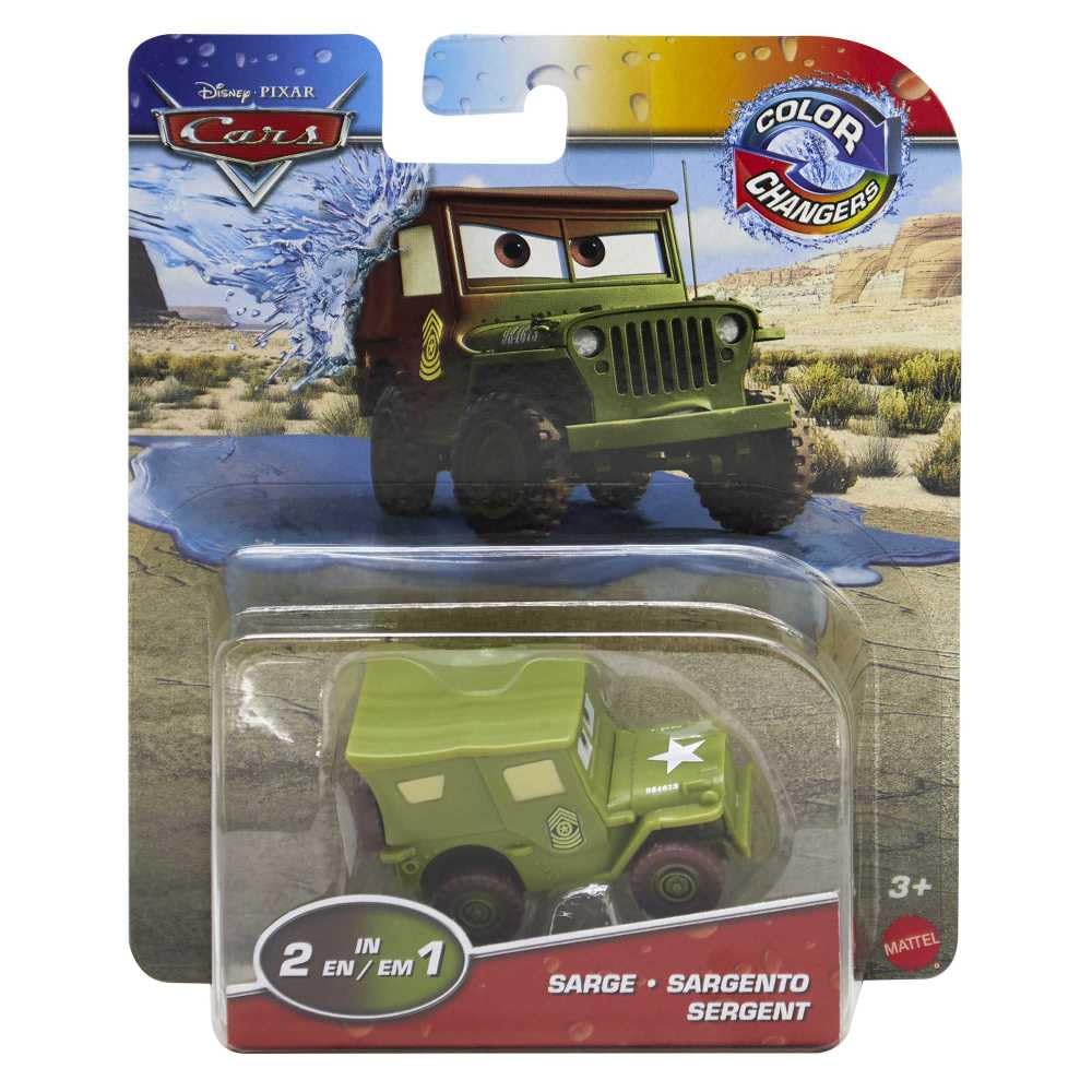 Mattel Disney Cars Color Changers Sarge car demonstrates color change with warm water.