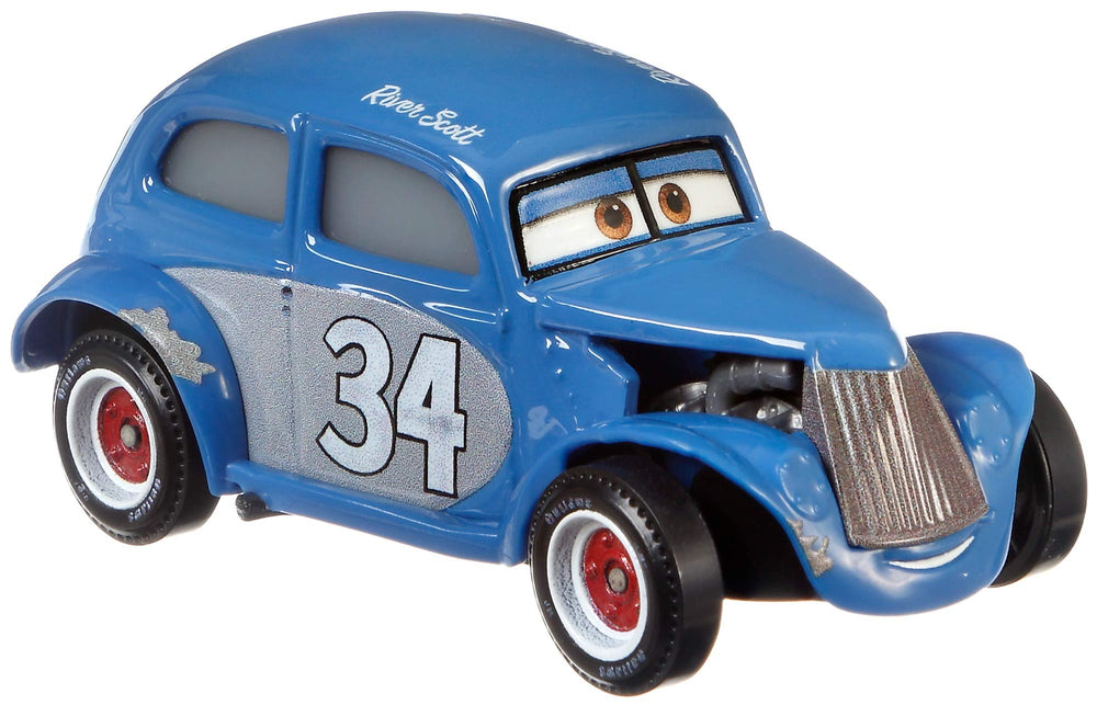 Mattel Disney Cars Heyday River Scott die-cast vehicle close-up emphasizes detailed character styling for collectors