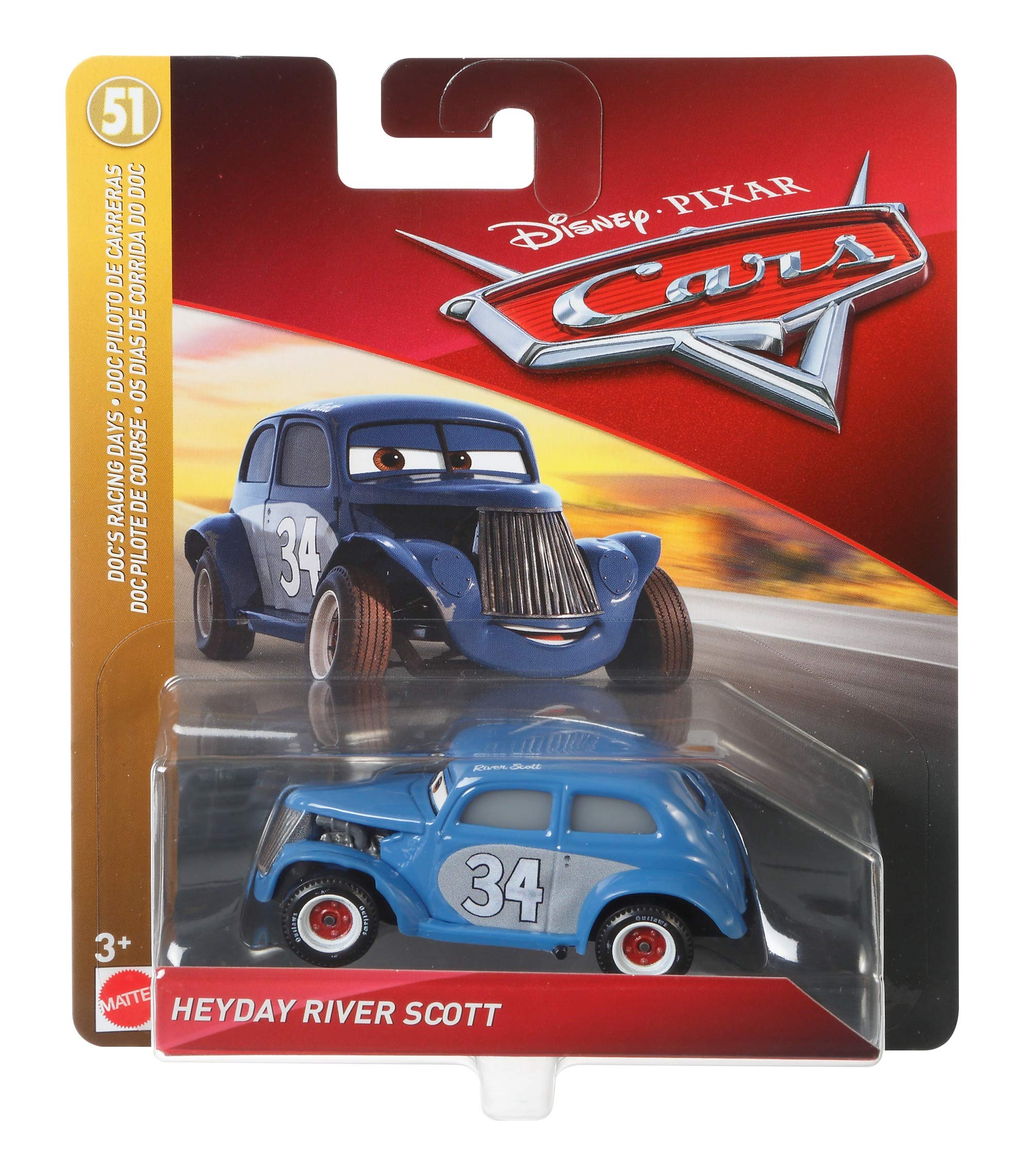 Mattel Disney Cars Heyday River Scott packaging front showcases collectible figure ready for gifting or shelving