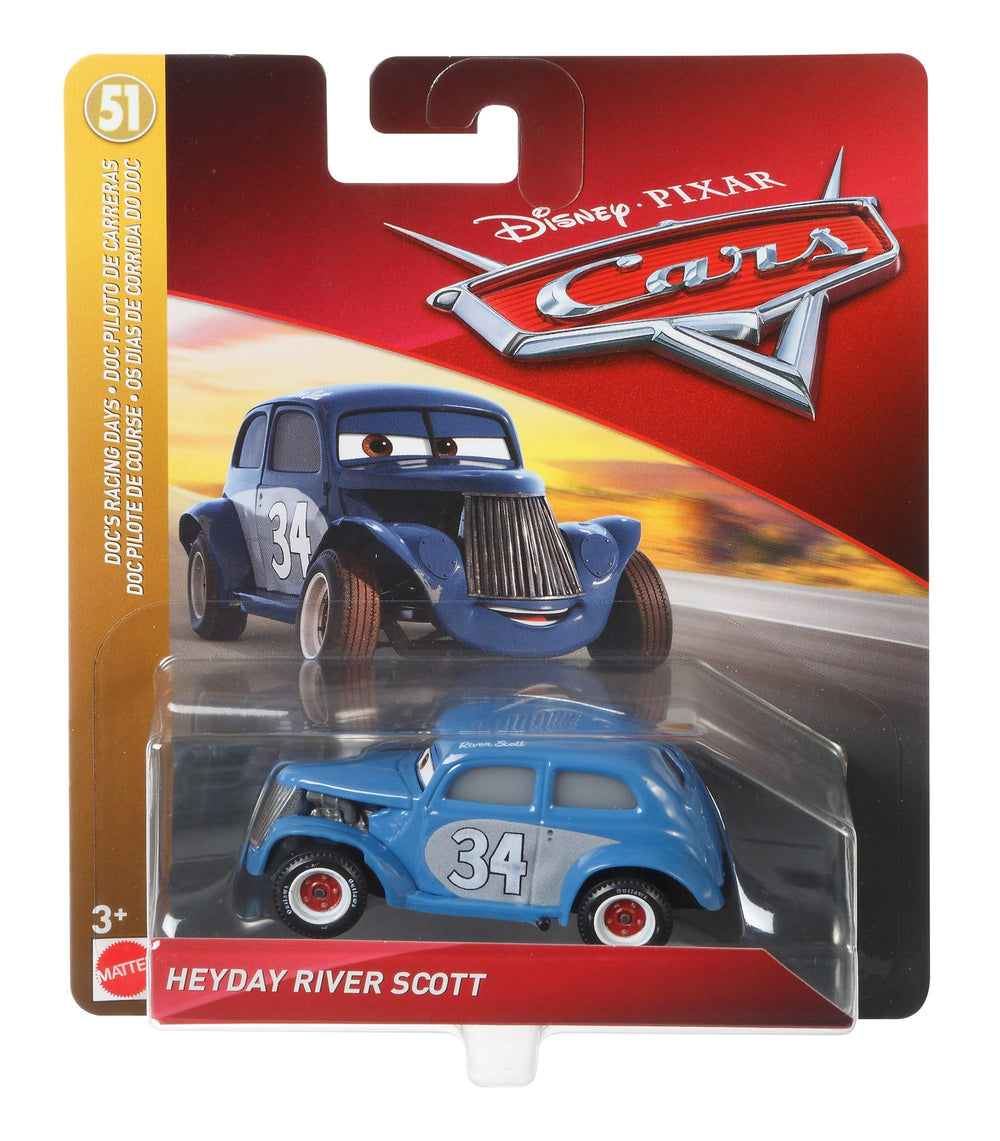 Mattel Disney Cars Heyday River Scott packaging front showcases collectible figure ready for gifting or shelving