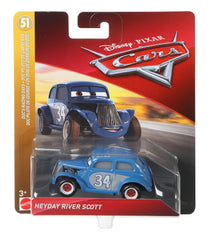 Mattel Disney Cars Heyday River Scott packaging front showcases collectible figure ready for gifting or shelving