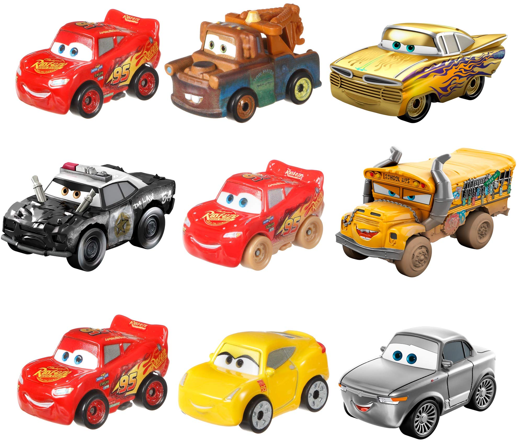 Mattel Disney Cars Minis 3-Pack packaging showcases collectible die-cast racers for kids play.