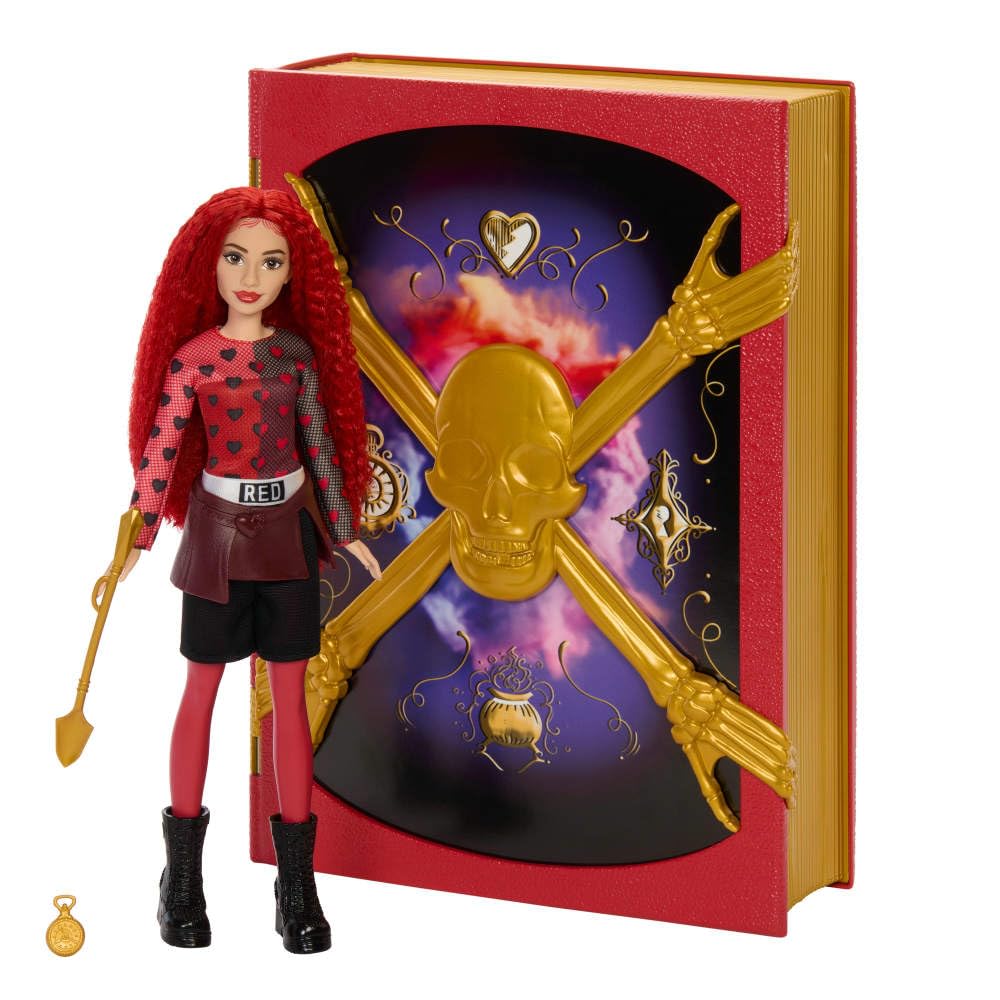 Mattel Disney Descendants Rise of Red sorcerer's cookbook open highlighting recipes