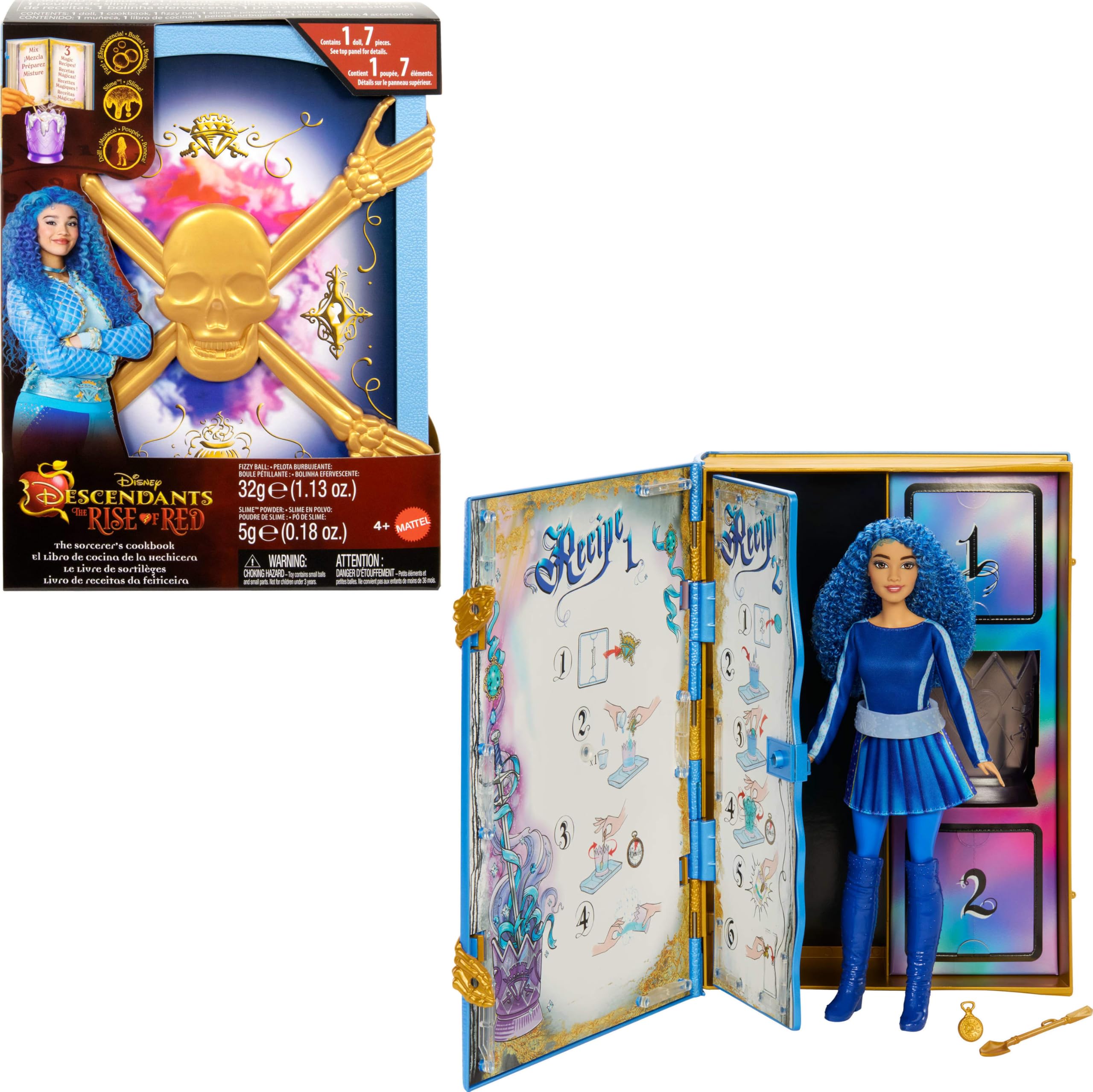 Mattel Disney Descendants Rise of Red Sorcerer's Cookbook opens to reveal magical recipes for imaginative play