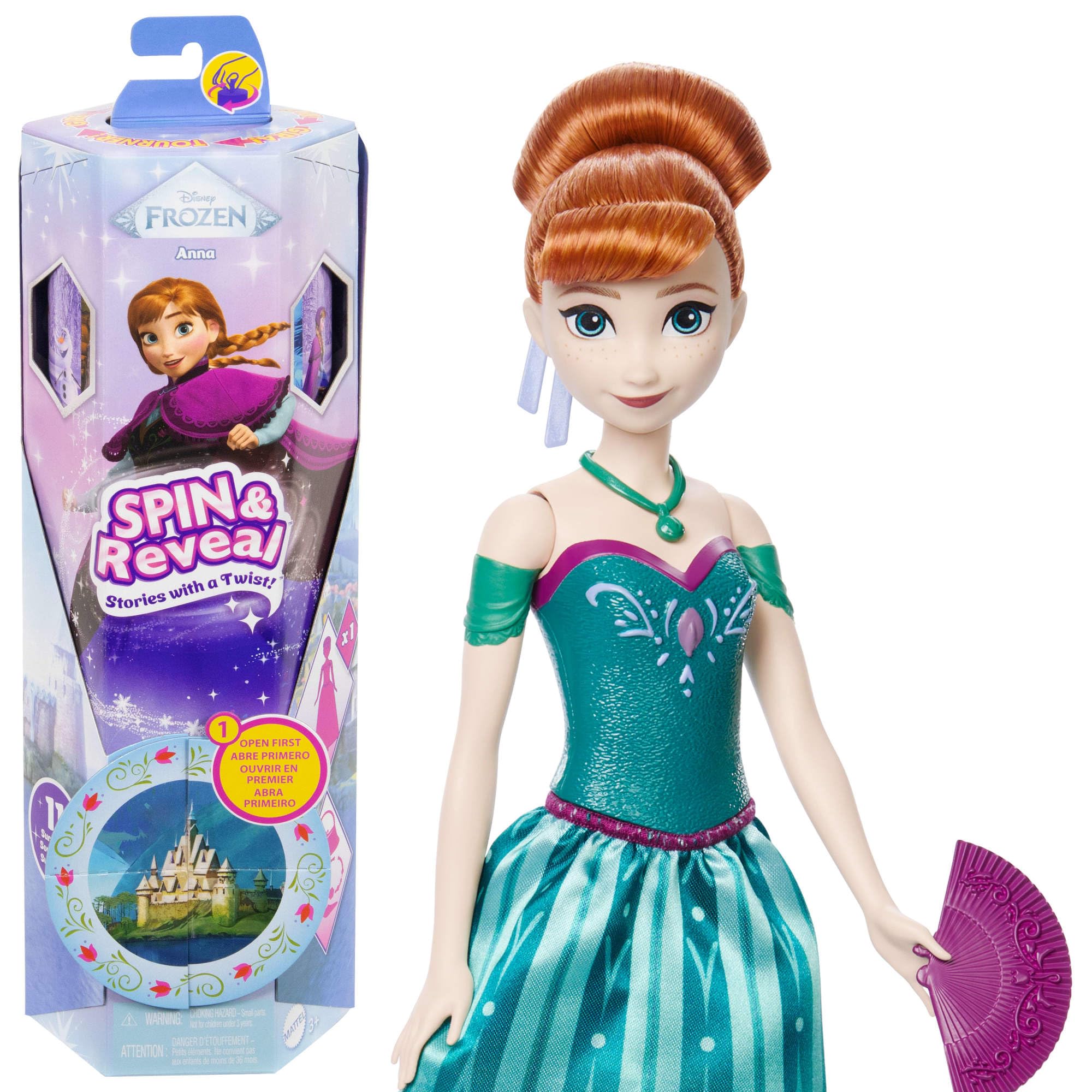 Mattel Disney Frozen Anna Spin & Reveal box flap opens to reveal a themed Arendelle play scene