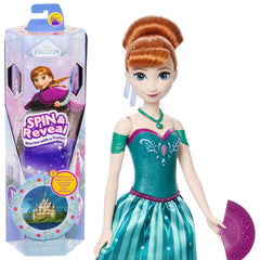 Mattel Disney Frozen Anna Spin & Reveal box flap opens to reveal a themed Arendelle play scene