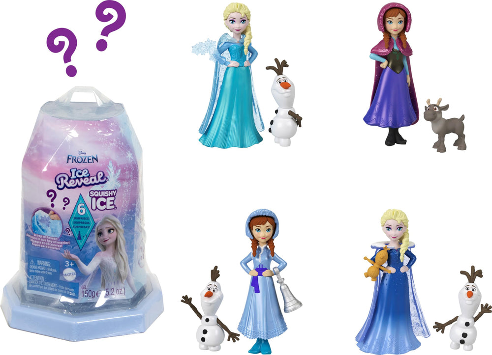 Mattel Disney Frozen Ice Reveal packaging shows the unboxing experience and mystery surprises.