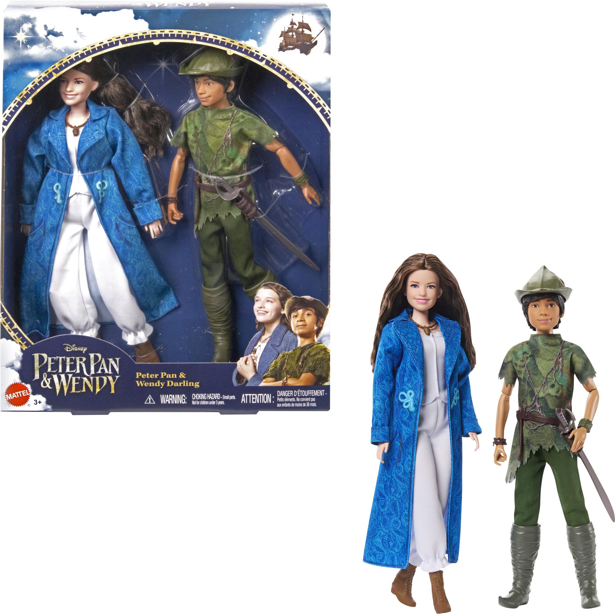 Mattel Disney Peter Pan doll poseable in signature tunic for imaginative adventures.