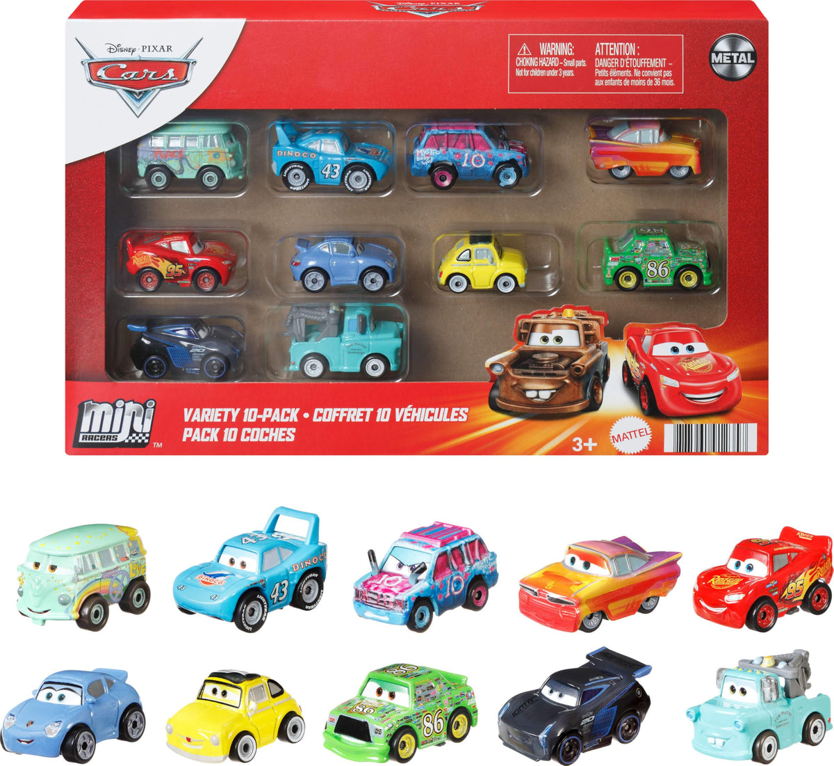 Mattel Disney Pixar Cars 10-pack mini vehicles ready for display and instant collection.