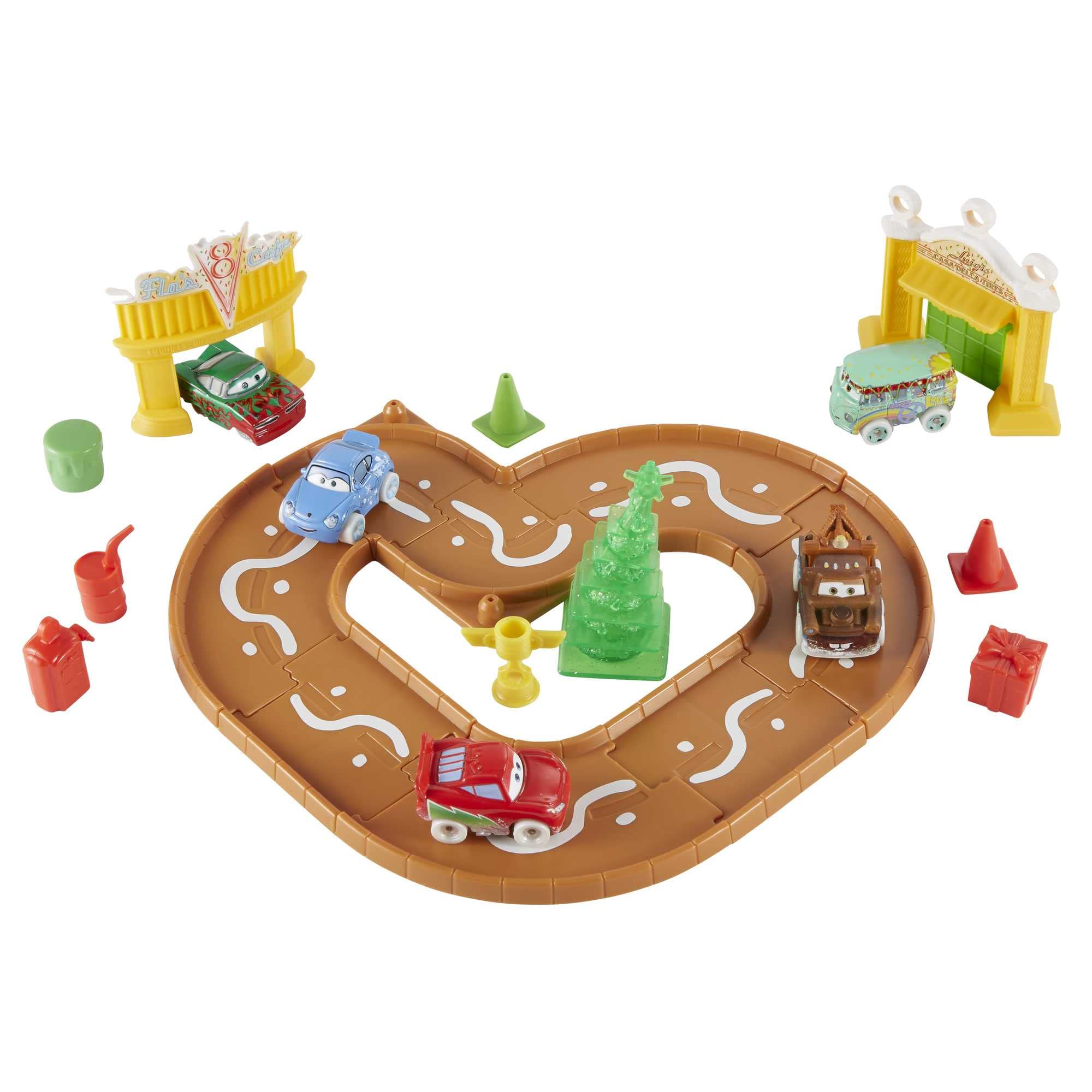 Track pieces from the Mattel Disney Cars Advent Calendar to build Radiator Springs scenes.