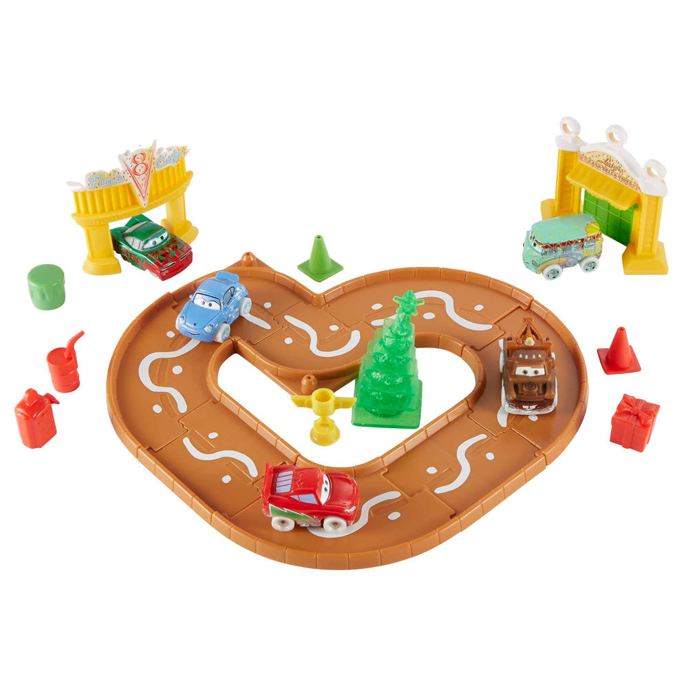 Track pieces from the Mattel Disney Cars Advent Calendar to build Radiator Springs scenes.