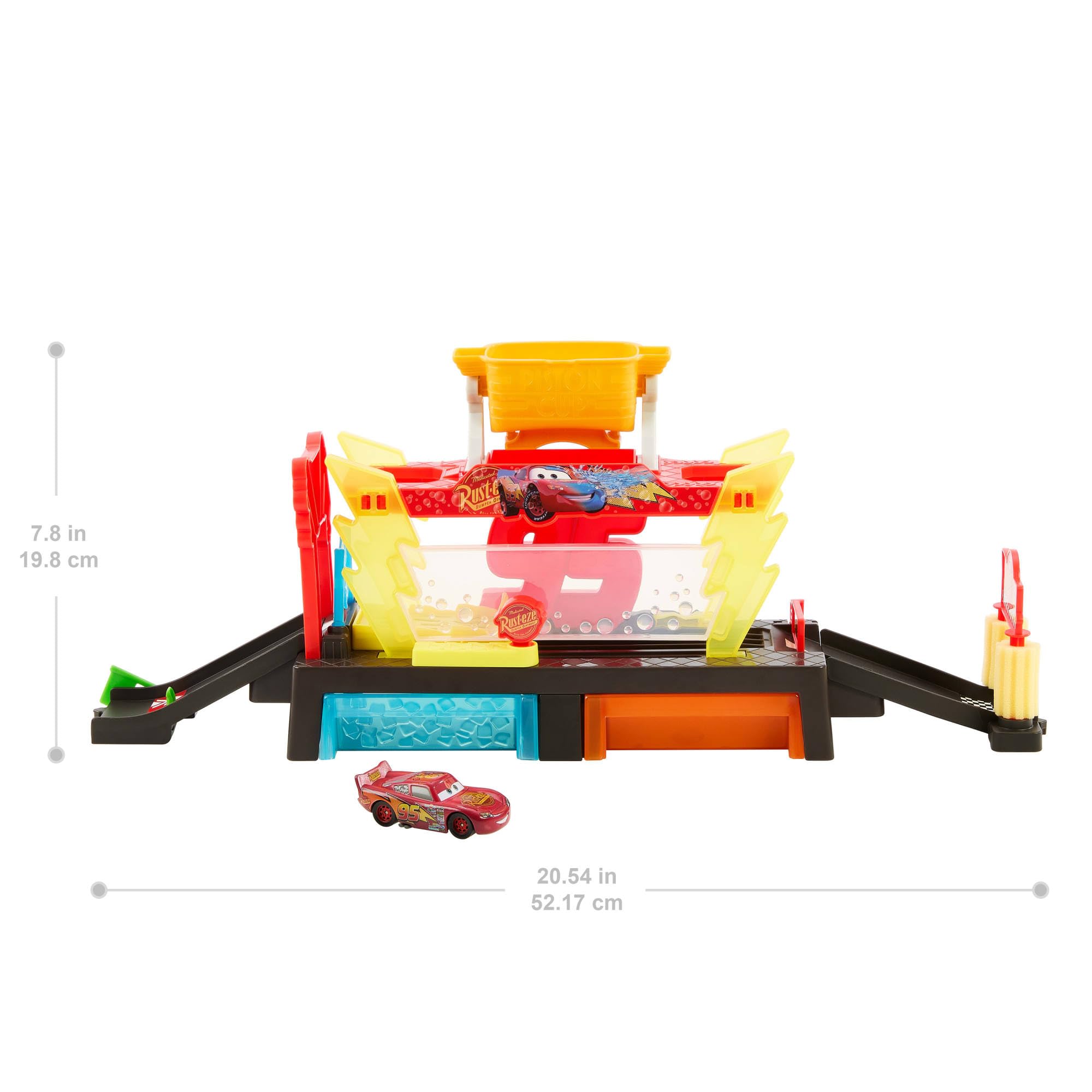 Mattel Cars base keeps play tidy with no-mess water drainage.