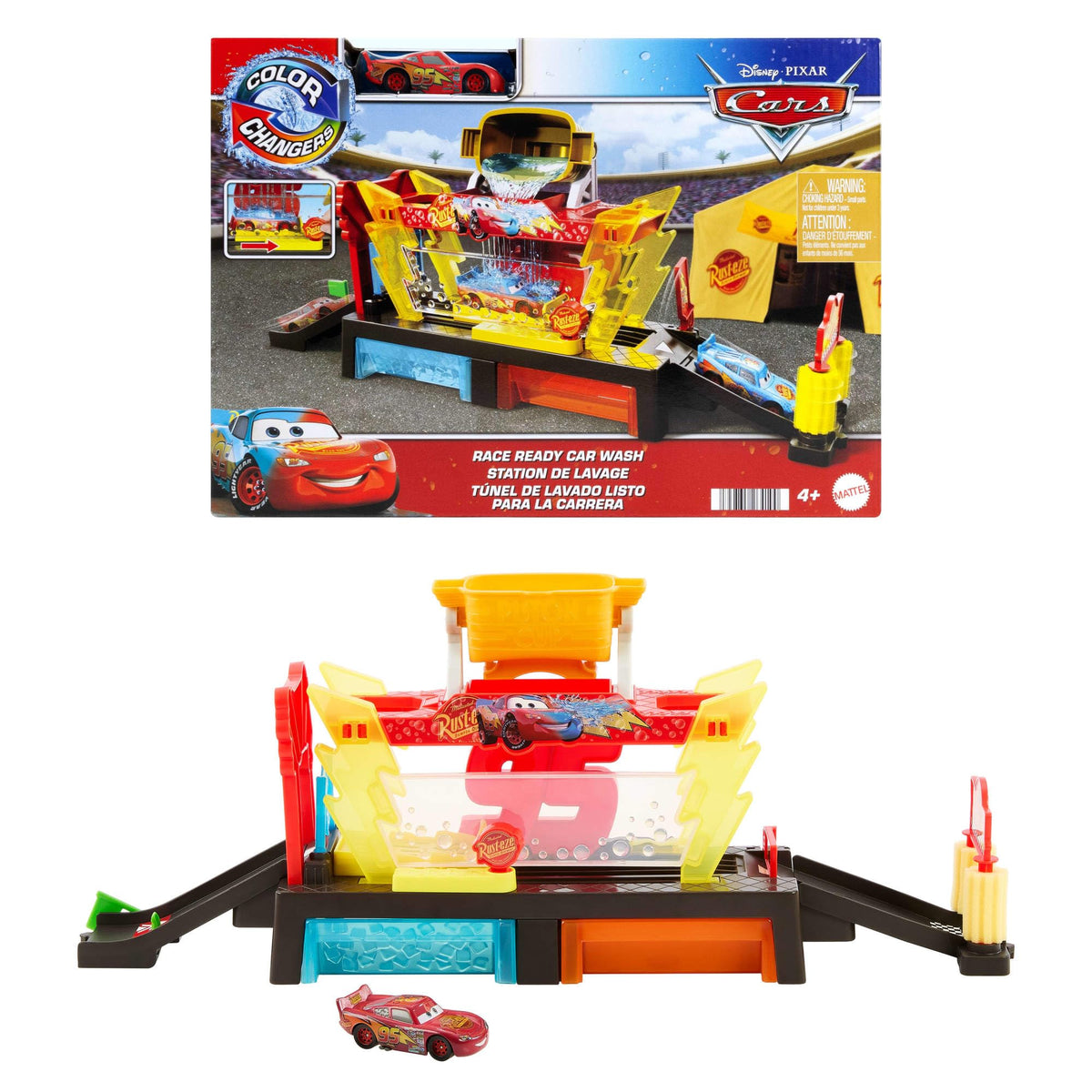 Mattel Cars Color Changers Car Wash with Lightning McQueen undergoing warm water color shift.