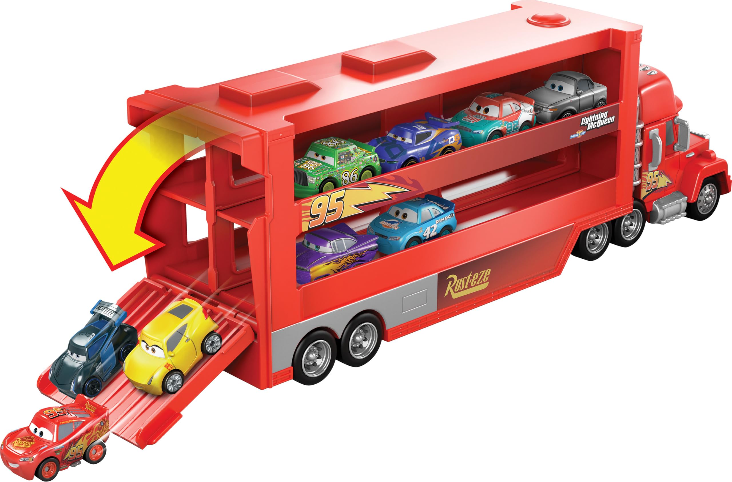 Hauler holds up to 18 mini vehicles for expanded play.