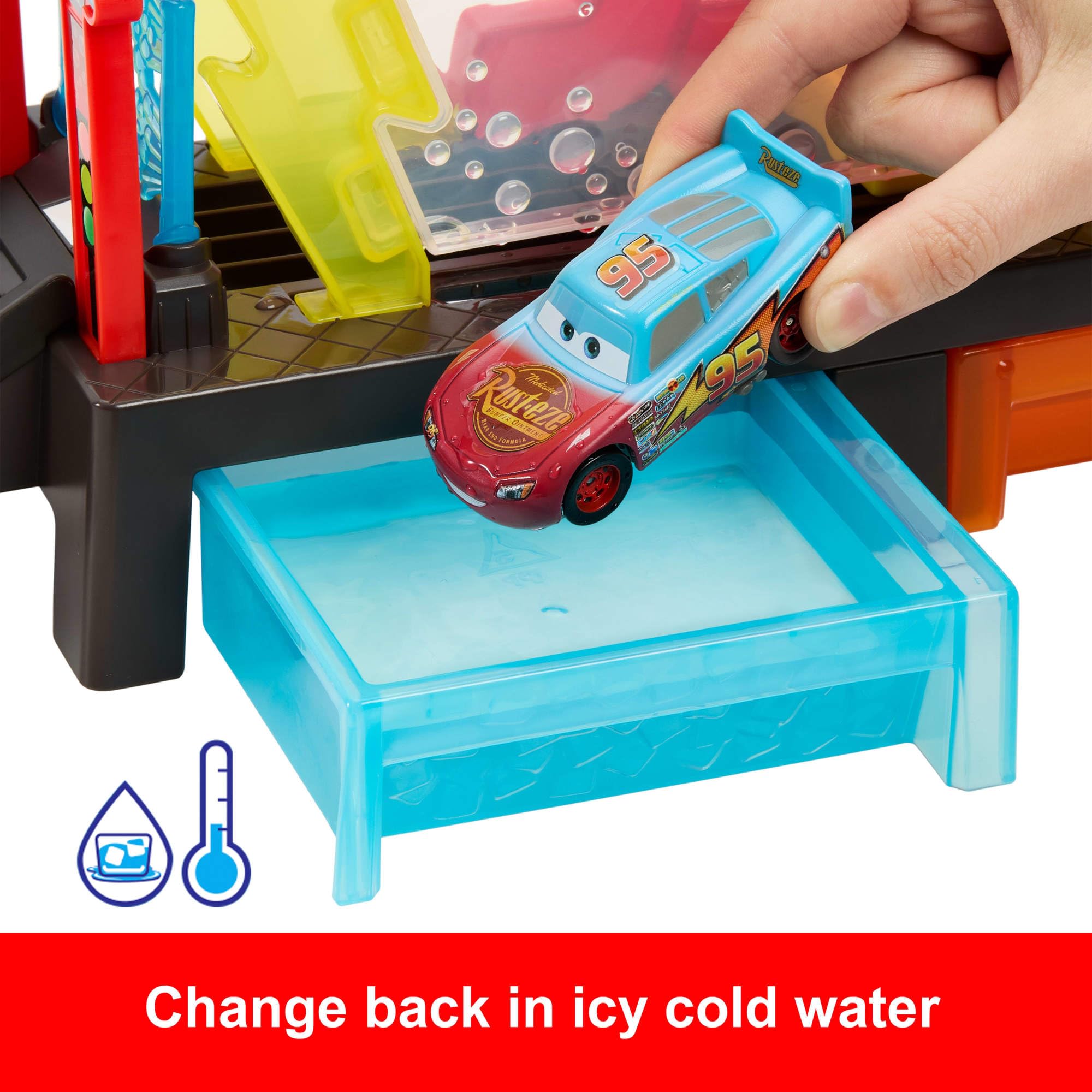 Mattel Ice cold water dunk resets Lightning McQueen's look after the race.