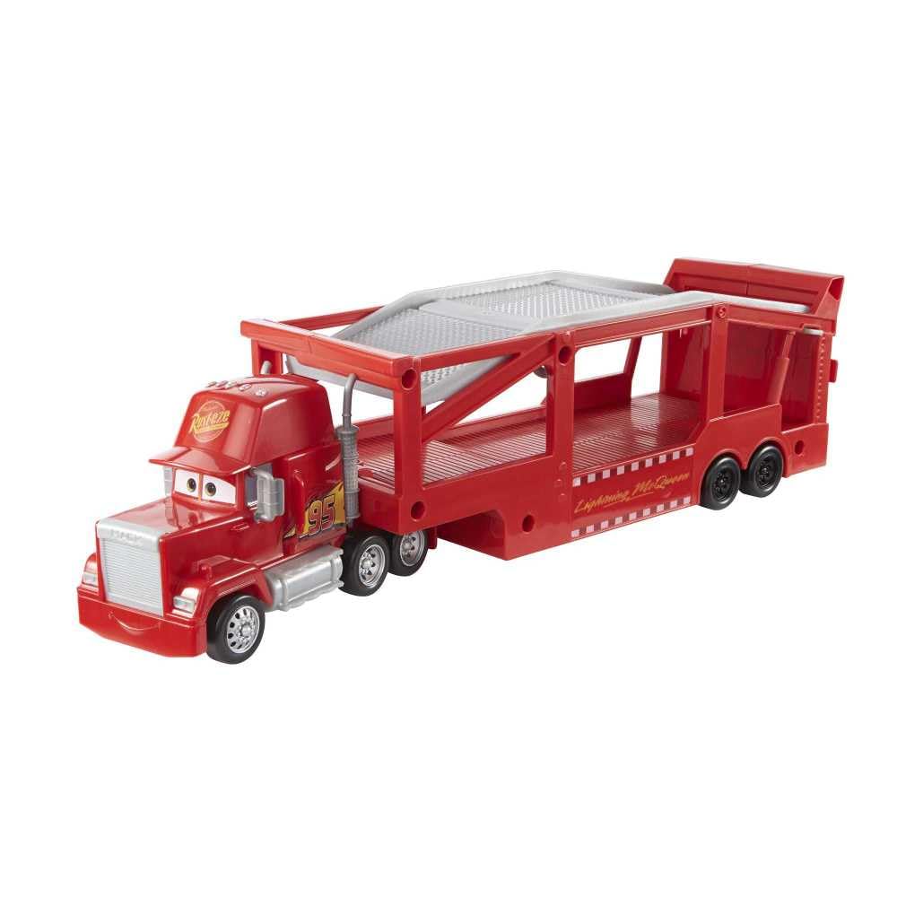 Mattel Disney Cars Mack Hauler 13-inch truck with ramp for easy car loading and unloading.