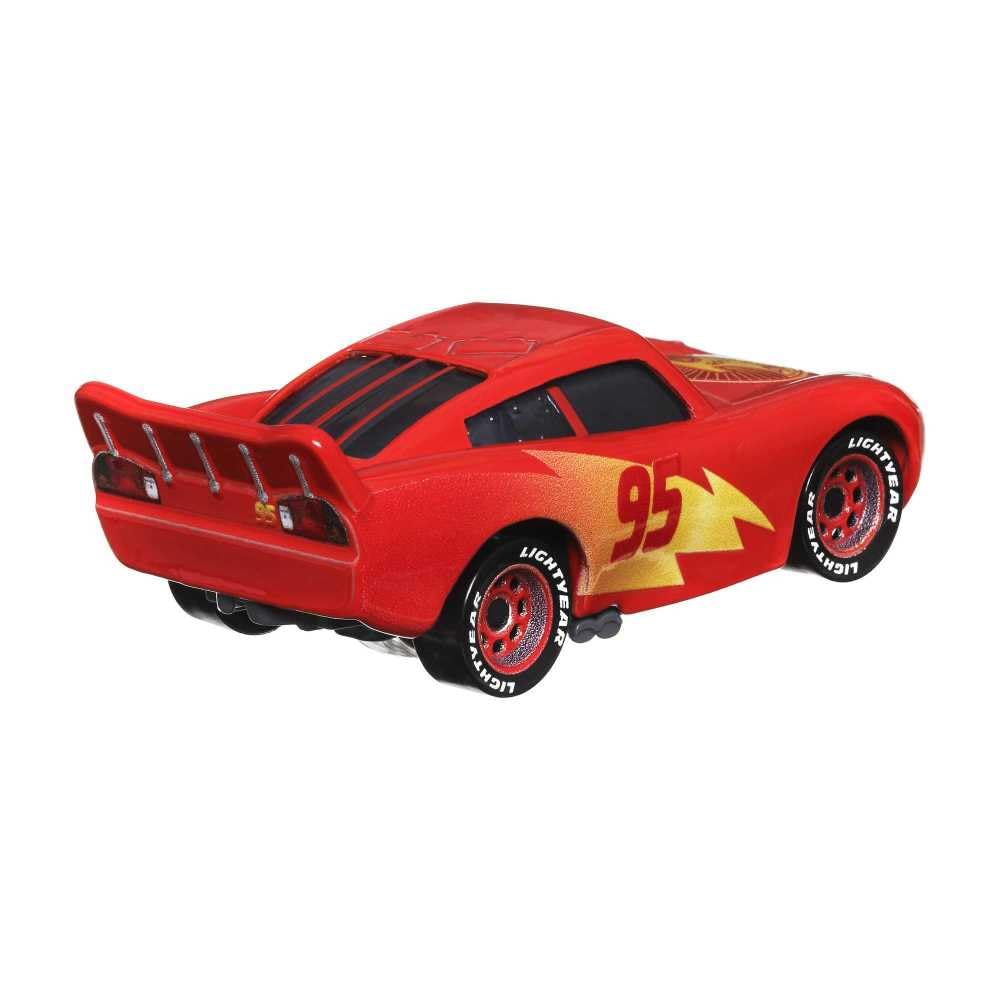 Mattel Disney Pixar Cars Road Trip Lighting McQueen detailed wheels view highlights authentic diecast realism.