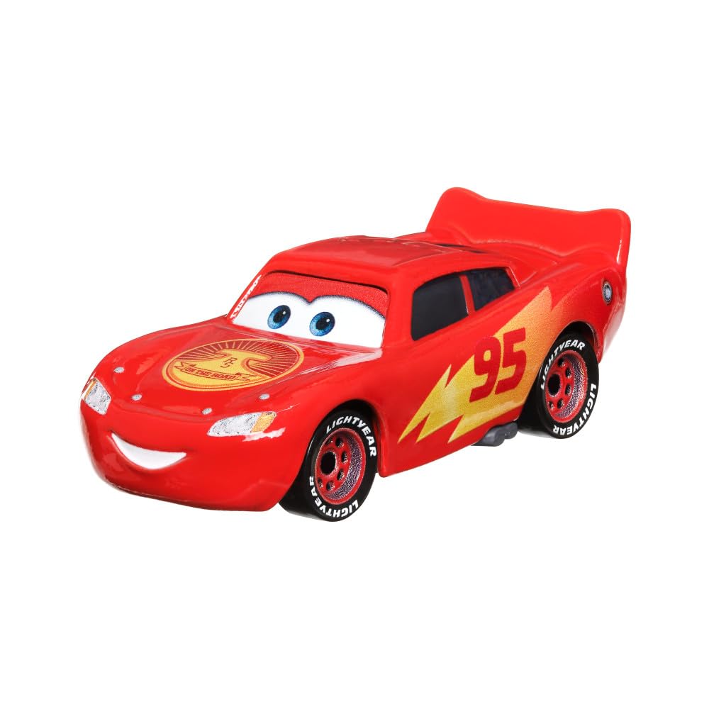 Mattel Disney Pixar Cars Road Trip Lighting McQueen side profile showcases authentic diecast detail for collectors.