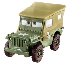Mattel's Disney Pixar Cars Sarge diecast vehicle for display and imaginative play.