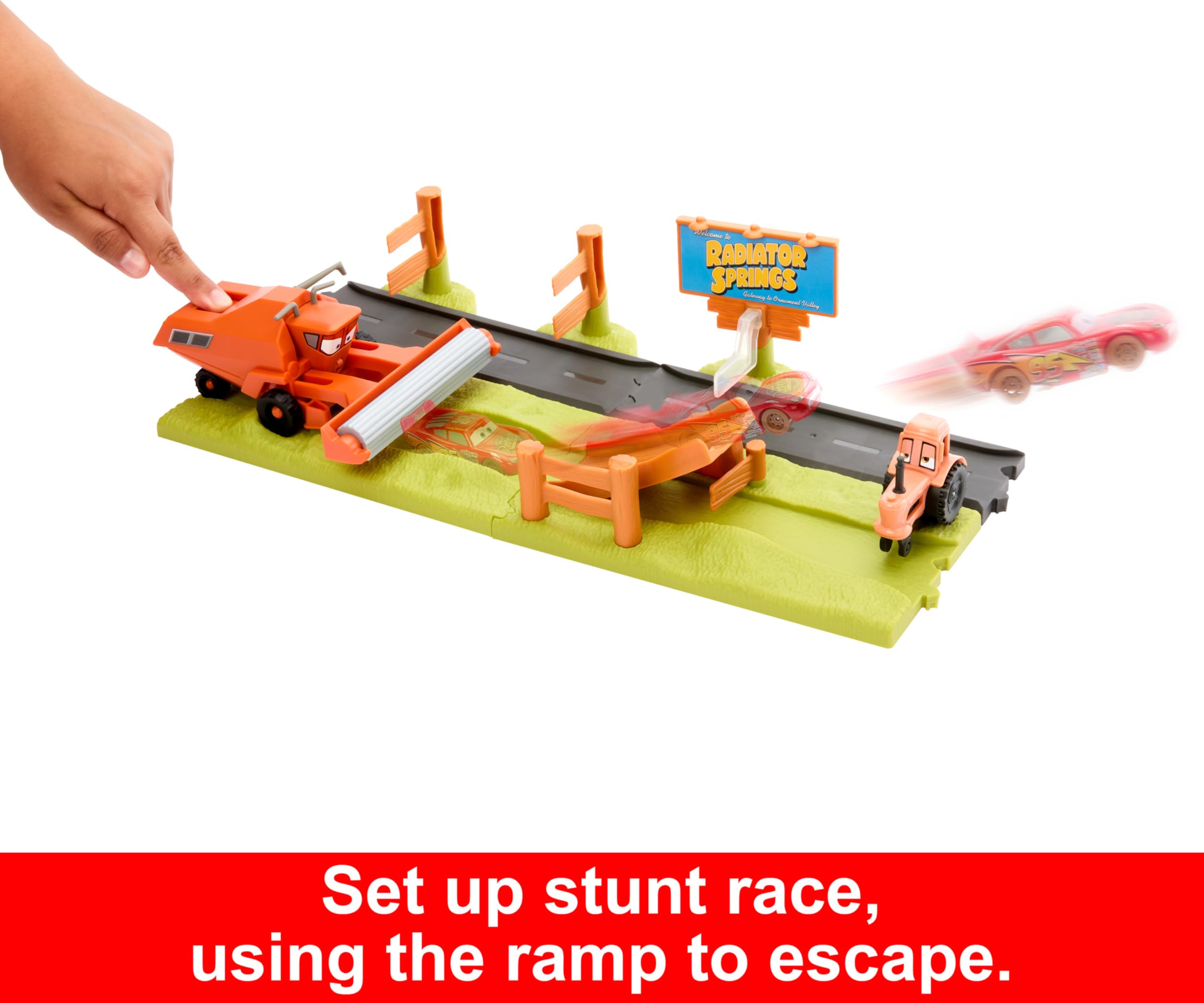 Mattel Disney Pixar Cars stunt race ramp scene supports cooperative play.