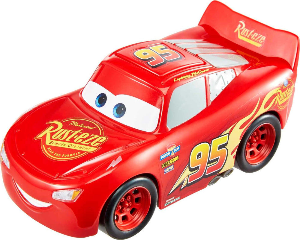 Mattel Track Talkers Lightning McQueen car showing roof button and movie sounds for playtime