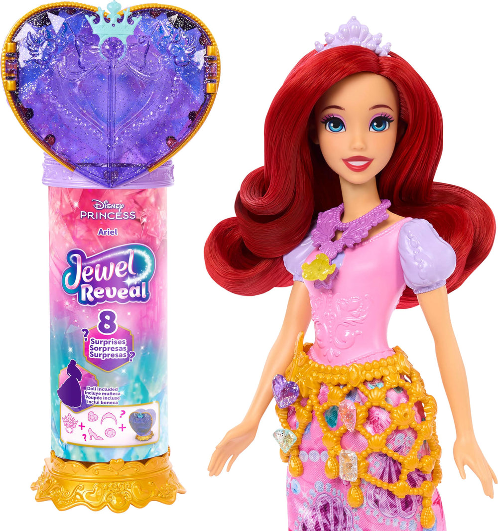 Mattel Ariel Jewel Reveal doll with heart gem box and accessories for imaginative play.