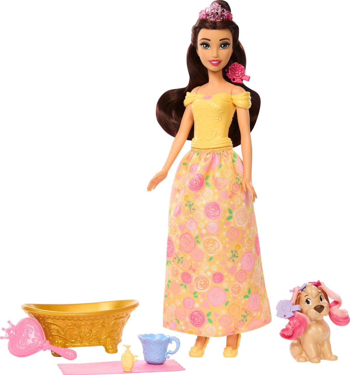 Mattel Disney Princess Belle doll in yellow with accessories for imaginative dress-up play.