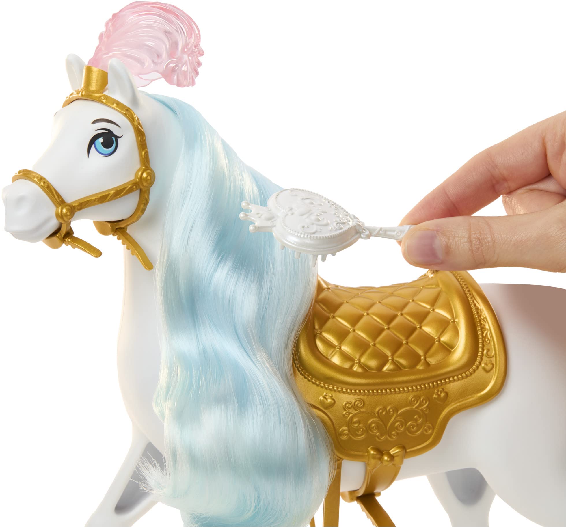 Mattel Cinderella horse with removable saddle for pretend riding adventures.