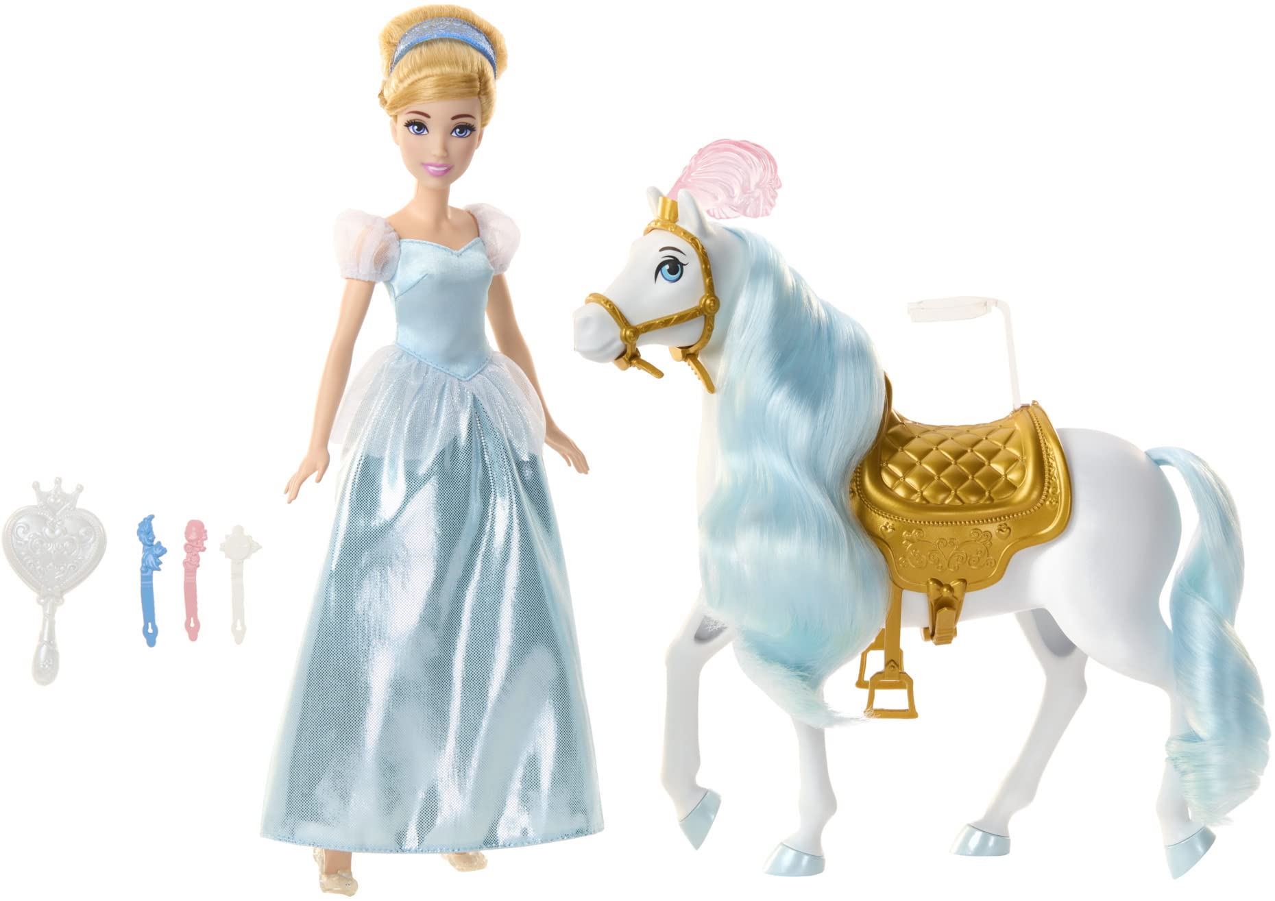 Mattel Cinderella set includes brush and barrettes for grooming and styling.