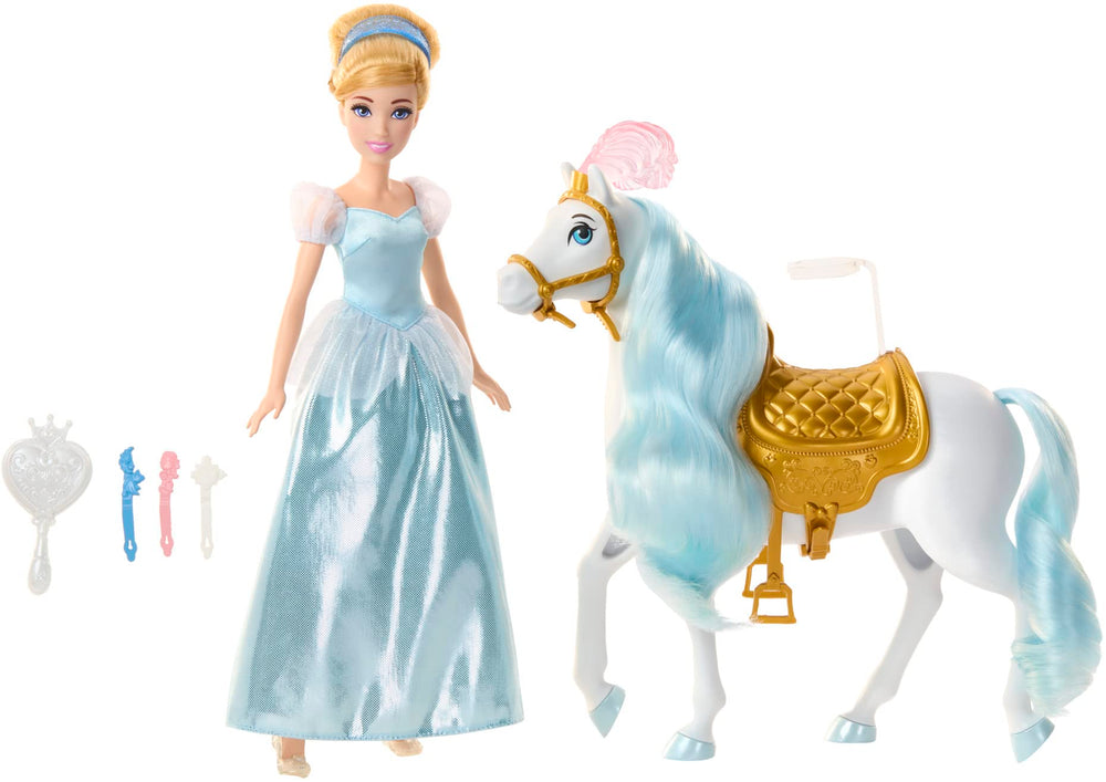 Mattel Cinderella set includes brush and barrettes for grooming and styling.