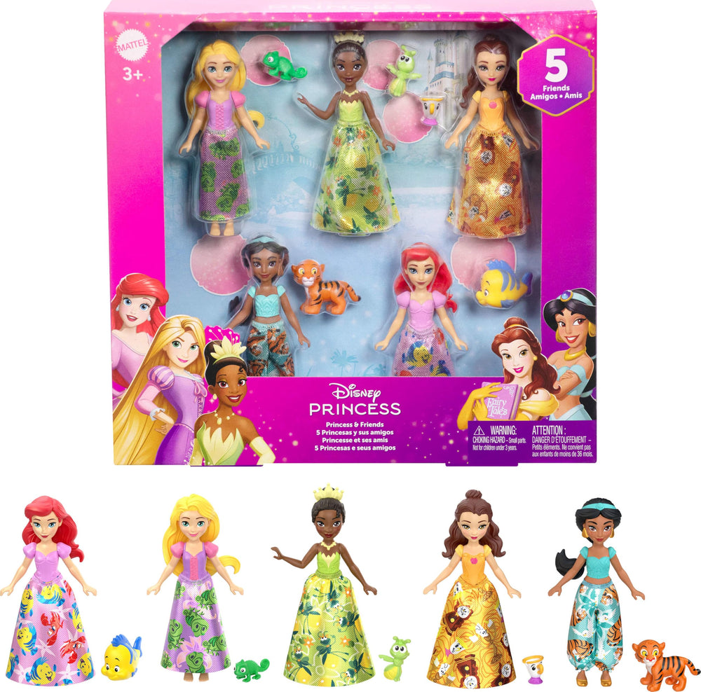 Mattel Disney Princess & Friends set with 5 posable dolls for imaginative storytelling.