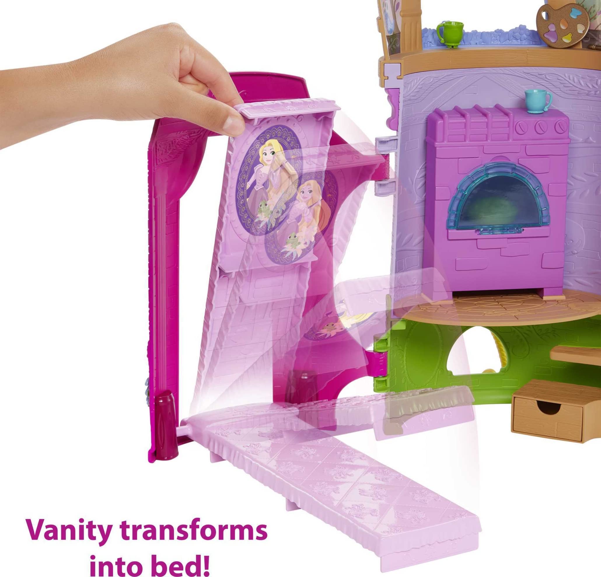 Six play areas including transforming bedroom and vanity for role play