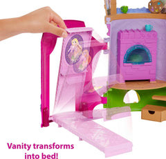 Six play areas including transforming bedroom and vanity for role play