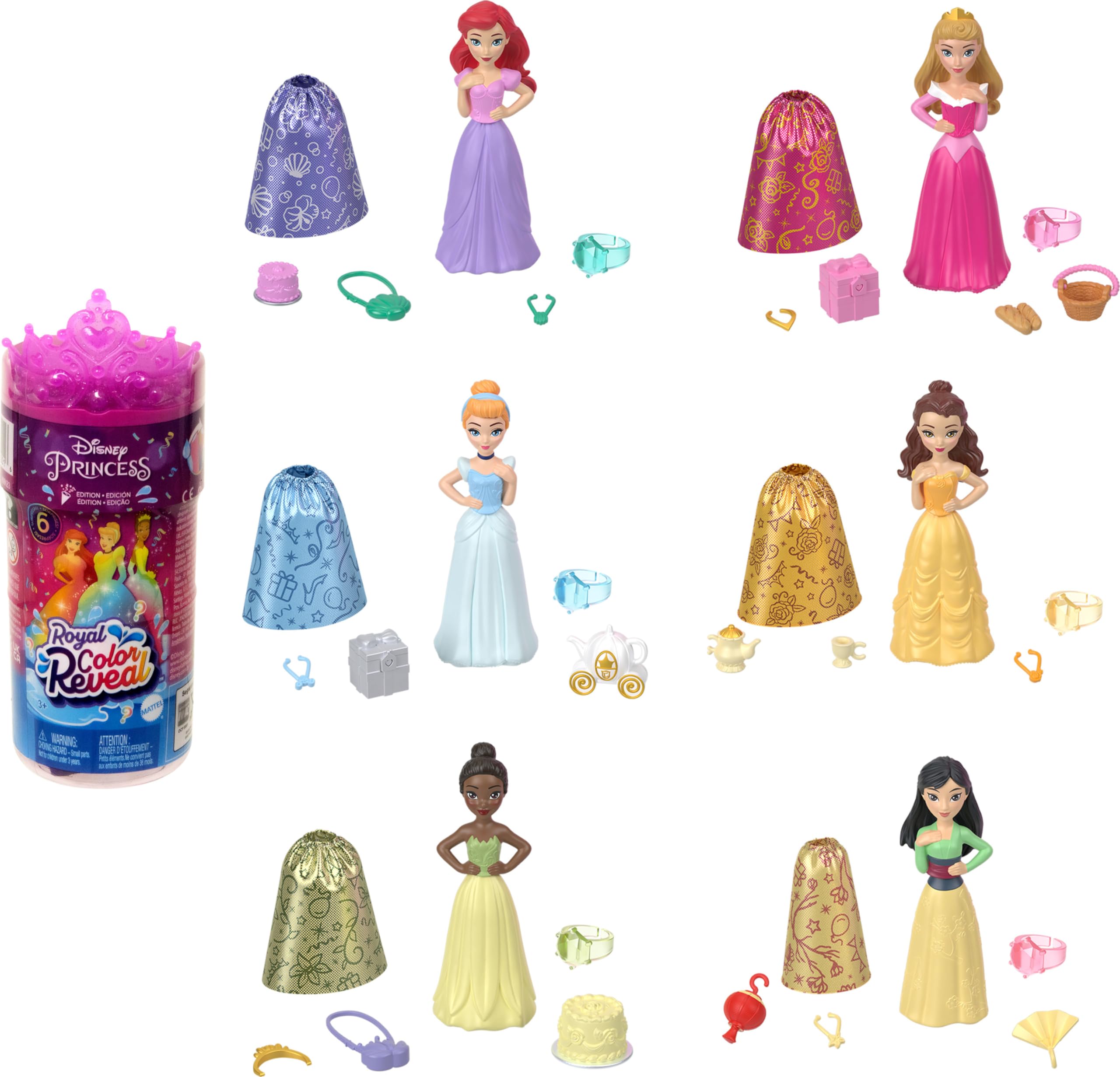Mattel Disney Princess Royal Color Reveal doll unboxing tube creates excitement with a surprise reveal.