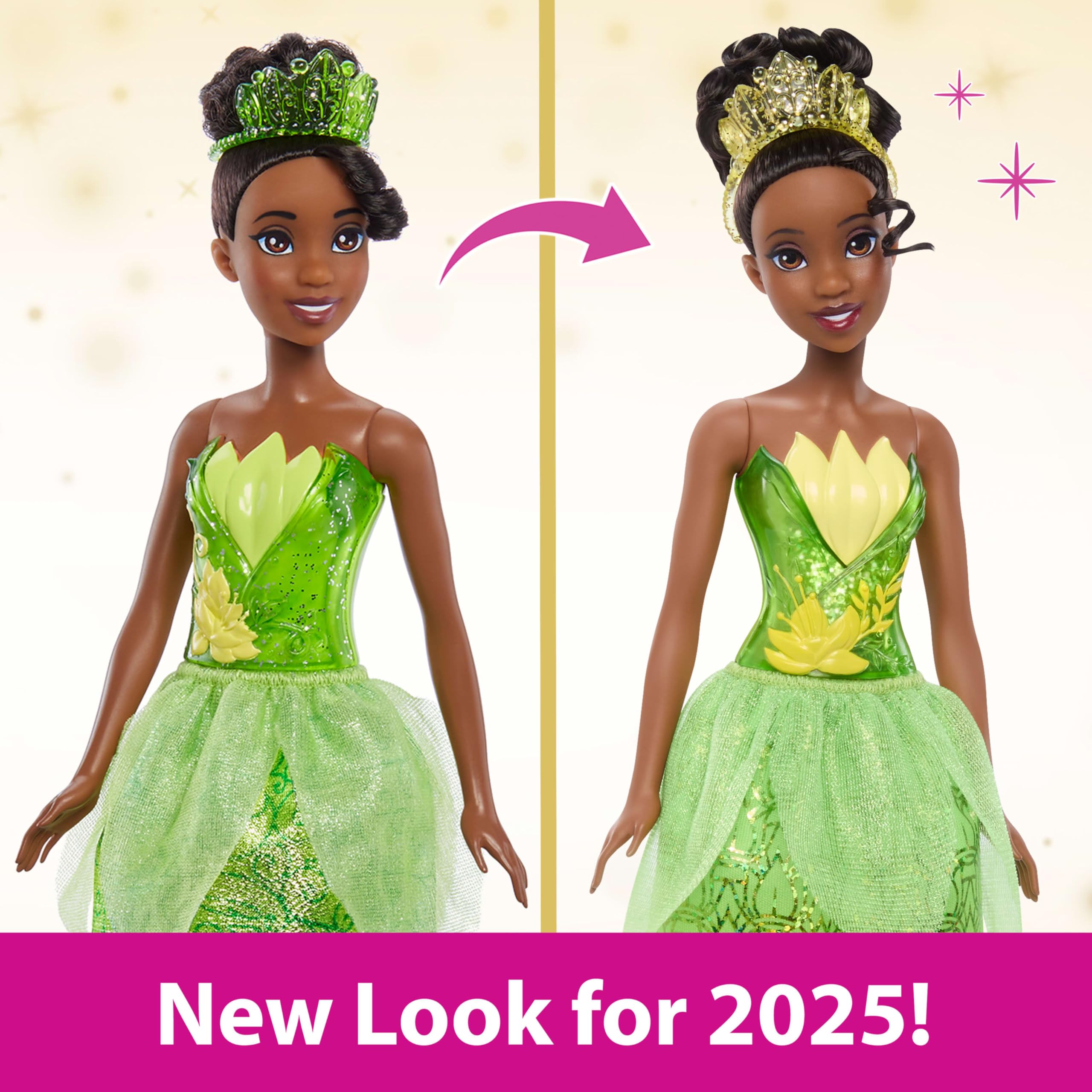 Mattel Disney Princess Tiana doll wearing tiara for dress-up adventures