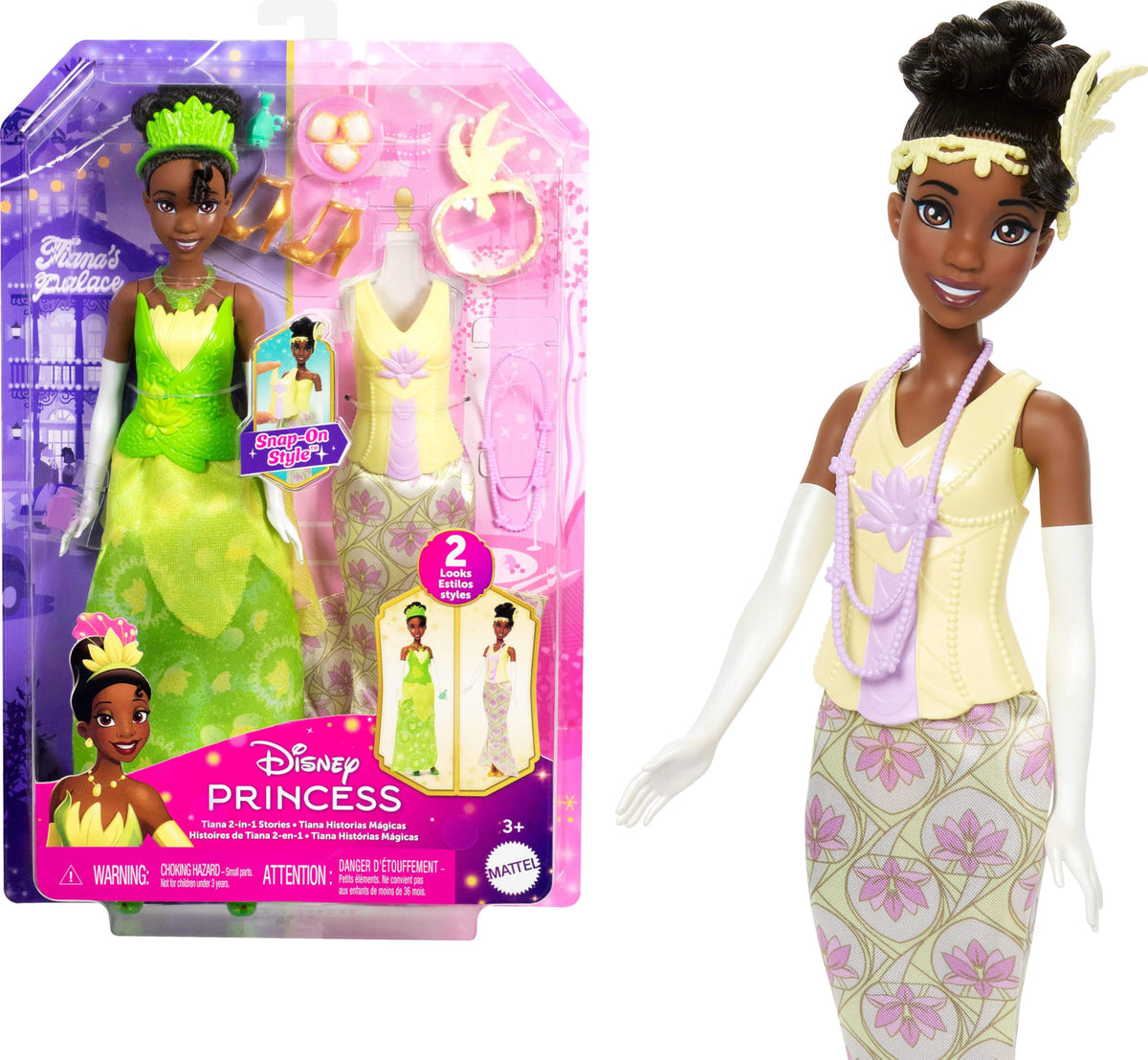 Mattel Disney Princess Tiana doll with two looks for imaginative storytelling.